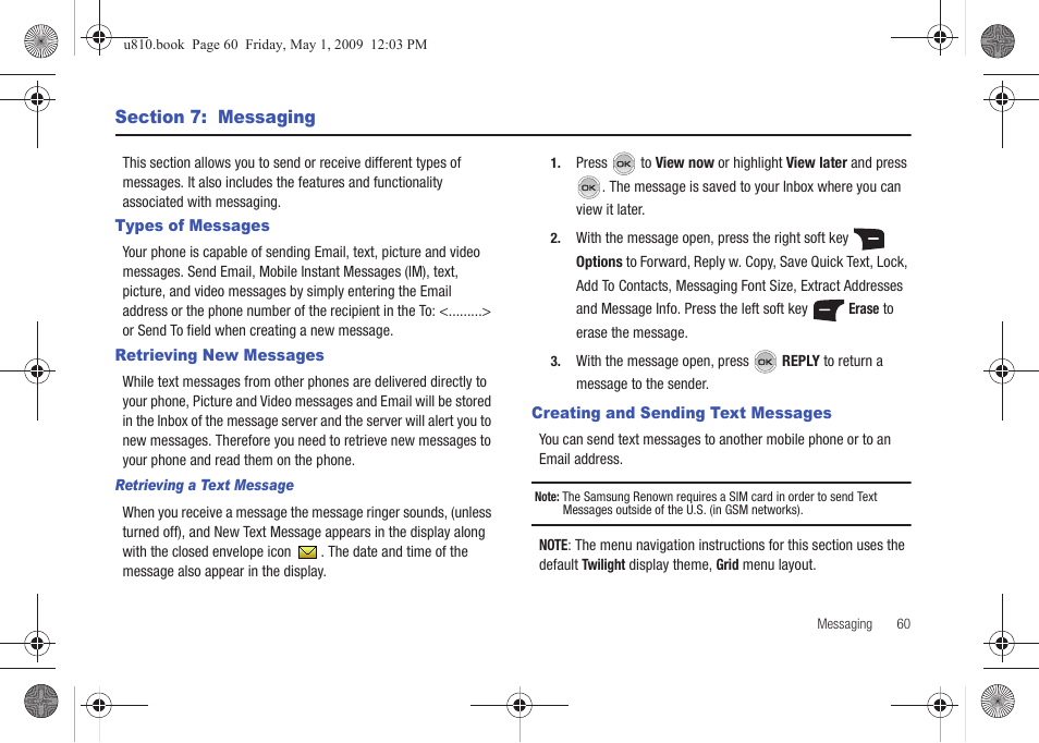 Section 7: messaging, Types of messages, Retrieving new messages | Retrieving a text message, Creating and sending text messages | Samsung SCH-U810GNAVZW User Manual | Page 63 / 169