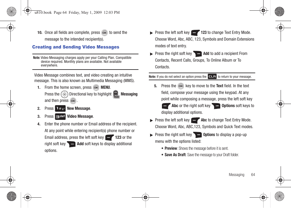 Creating and sending video messages, Field. for more, Information, refer to “creating and sending video | Samsung SCH-U810GNAVZW User Manual | Page 67 / 169