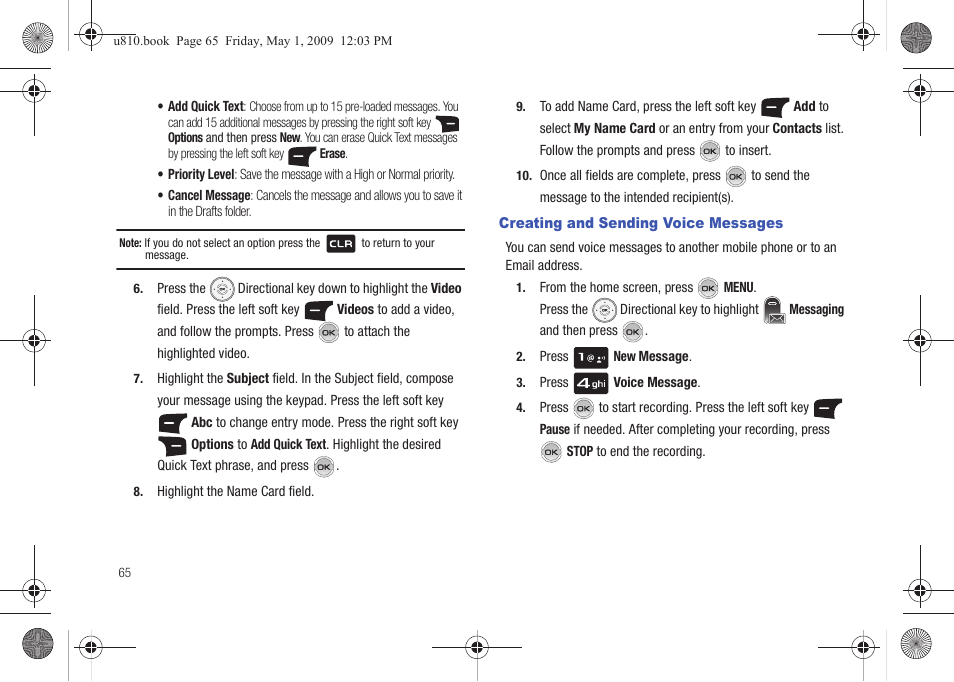 Creating and sending voice messages | Samsung SCH-U810GNAVZW User Manual | Page 68 / 169