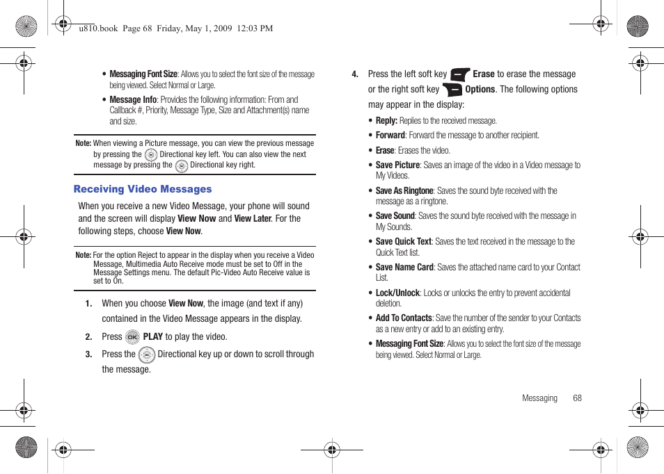 Receiving video messages | Samsung SCH-U810GNAVZW User Manual | Page 71 / 169