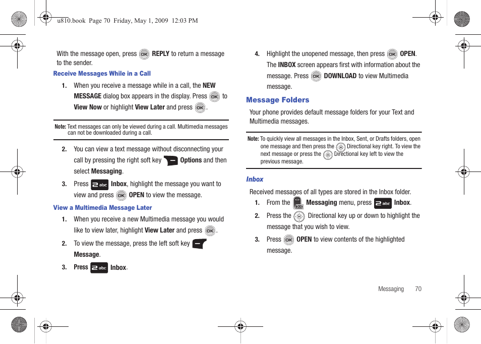 Message folders, Inbox | Samsung SCH-U810GNAVZW User Manual | Page 73 / 169