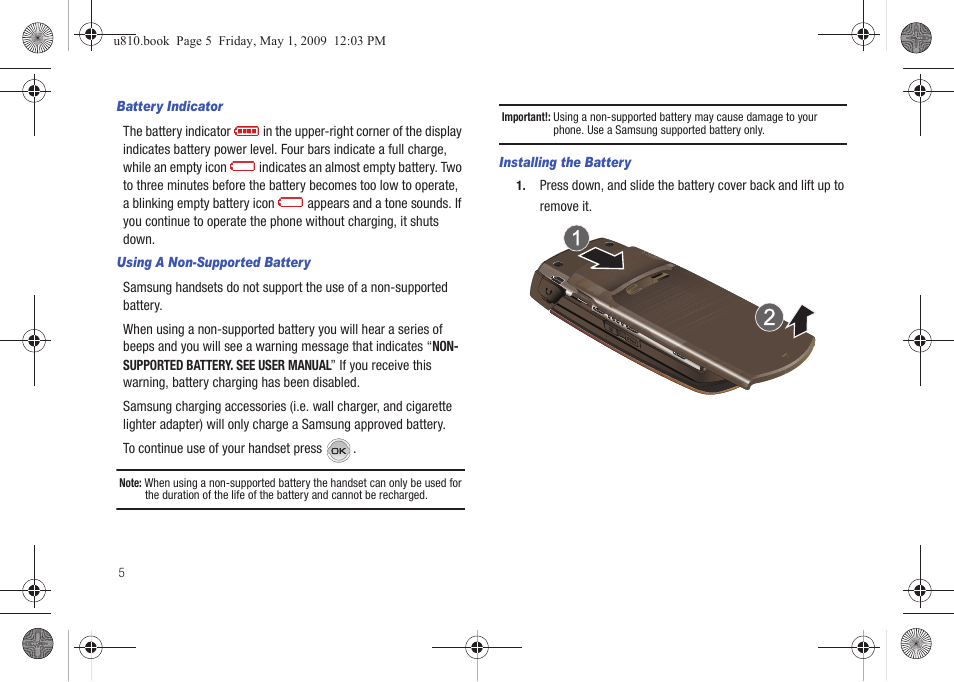 Battery indicator, Using a non-supported battery, Installing the battery | Samsung SCH-U810GNAVZW User Manual | Page 8 / 169