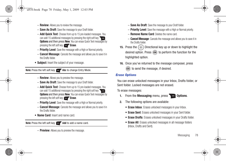 Erase options | Samsung SCH-U810GNAVZW User Manual | Page 81 / 169