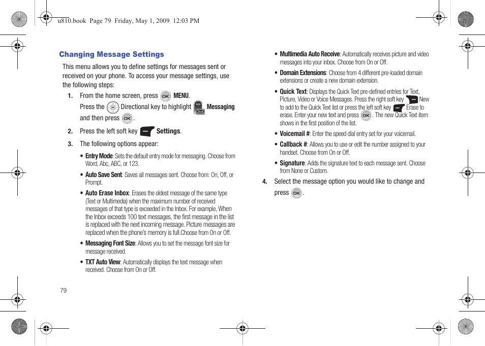 Changing message settings | Samsung SCH-U810GNAVZW User Manual | Page 82 / 169