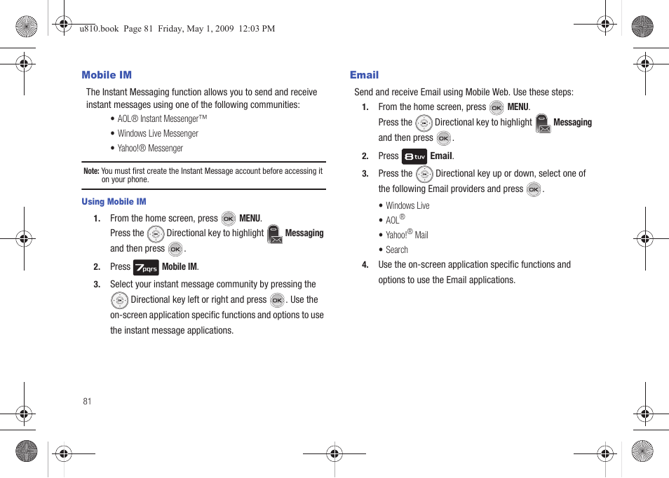 Mobile im, Email, Mobile im email | Samsung SCH-U810GNAVZW User Manual | Page 84 / 169