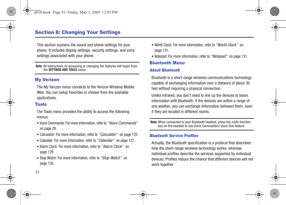 Section 8: changing your settings, My verizon, Tools | Bluetooth menu, About bluetooth, Bluetooth service profiles, My verizon tools bluetooth menu | Samsung SCH-U810GNAVZW User Manual | Page 86 / 169