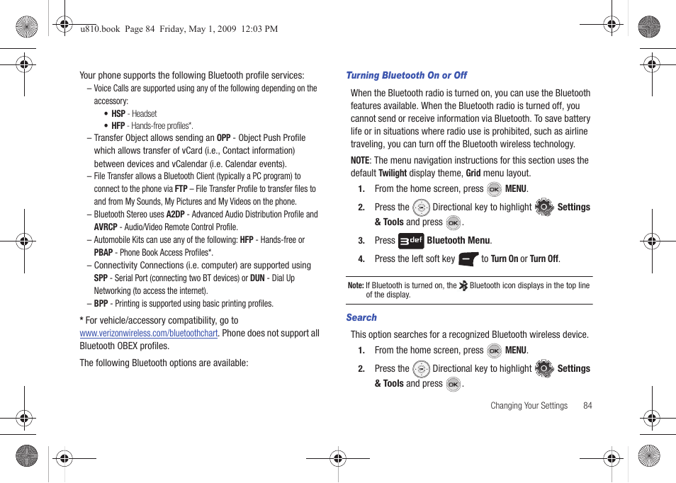 Turning bluetooth on or off, Search | Samsung SCH-U810GNAVZW User Manual | Page 87 / 169