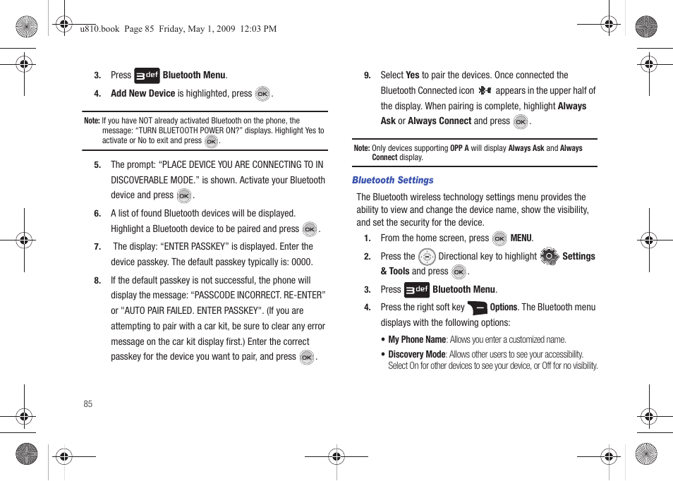 Bluetooth settings | Samsung SCH-U810GNAVZW User Manual | Page 88 / 169