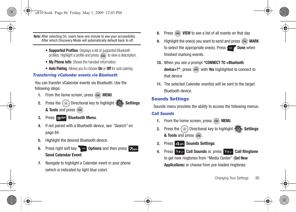 Transferring vcalendar events via bluetooth, Sounds settings, Call sounds | Samsung SCH-U810GNAVZW User Manual | Page 89 / 169