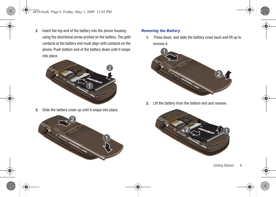 Removing the battery | Samsung SCH-U810GNAVZW User Manual | Page 9 / 169