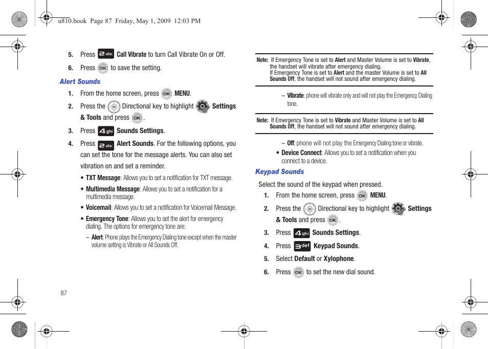 Alert sounds, Keypad sounds | Samsung SCH-U810GNAVZW User Manual | Page 90 / 169