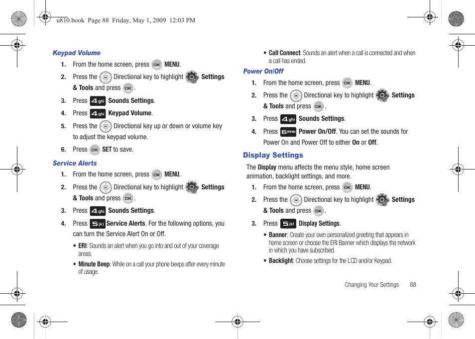 Keypad volume, Service alerts, Power on/off | Display settings | Samsung SCH-U810GNAVZW User Manual | Page 91 / 169