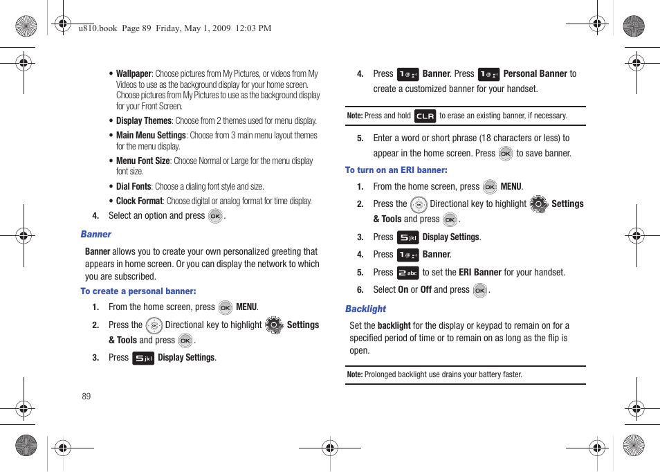 Banner, Backlight | Samsung SCH-U810GNAVZW User Manual | Page 92 / 169