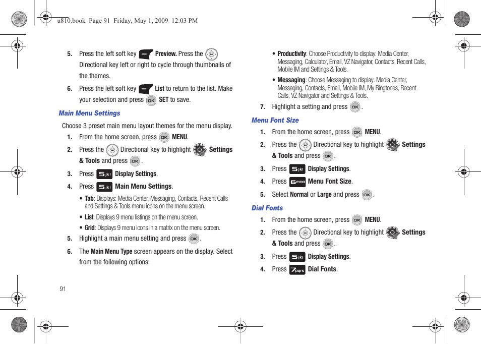 Main menu settings, Menu font size, Dial fonts | Samsung SCH-U810GNAVZW User Manual | Page 94 / 169
