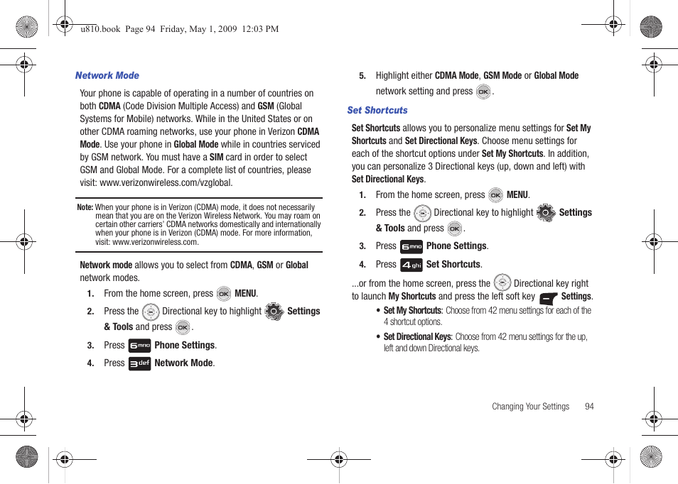 Network mode, Set shortcuts | Samsung SCH-U810GNAVZW User Manual | Page 97 / 169