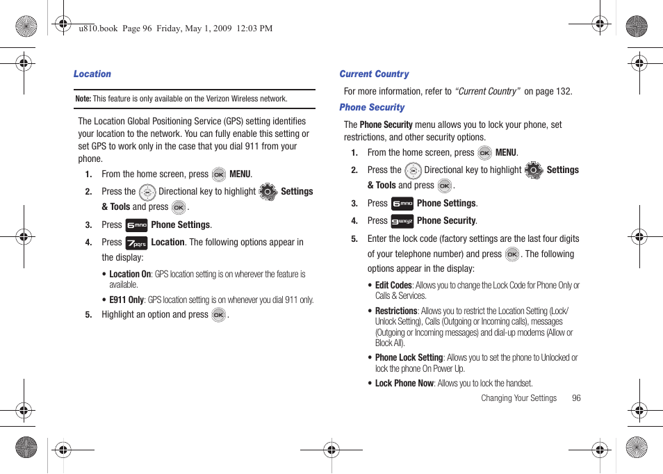 Location, Current country, Phone security | Samsung SCH-U810GNAVZW User Manual | Page 99 / 169