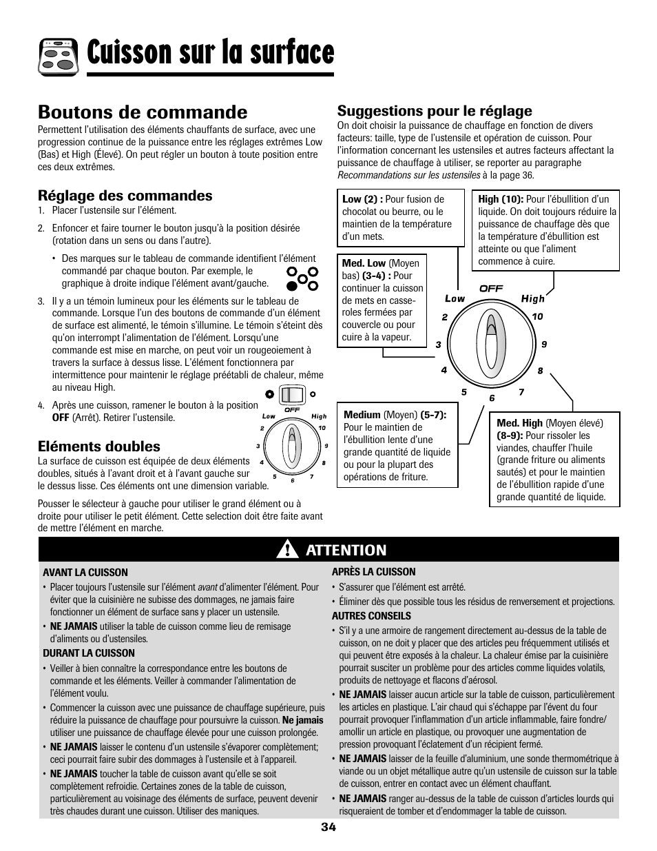 Cuisson sur la surface, Boutons de commande, Réglage des commandes | Eléments doubles, Attention suggestions pour le réglage | Amana AER5722CAS User Manual | Page 35 / 72