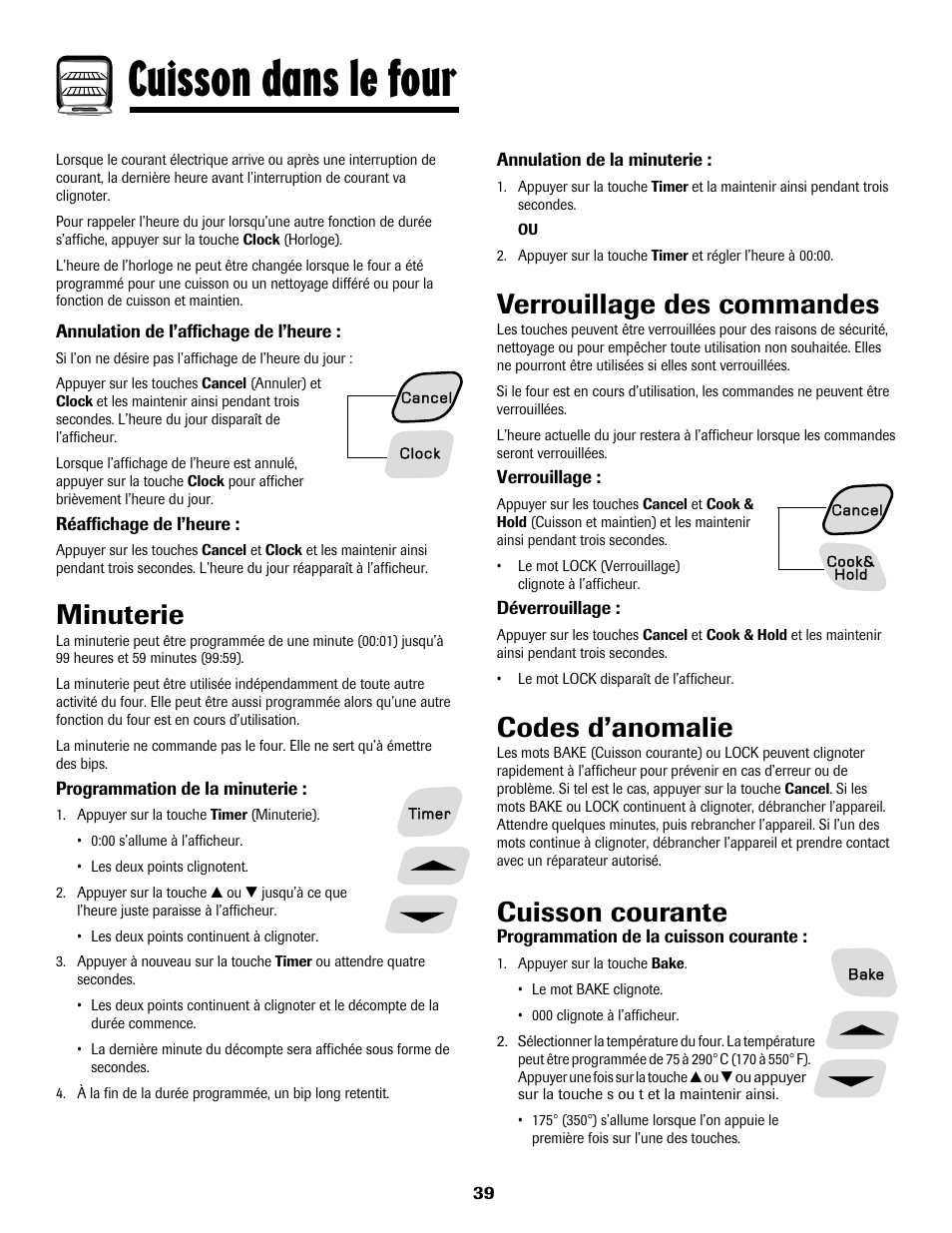 Cuisson dans le four, Minuterie, Verrouillage des commandes | Codes d’anomalie, Cuisson courante | Amana AER5722CAS User Manual | Page 40 / 72