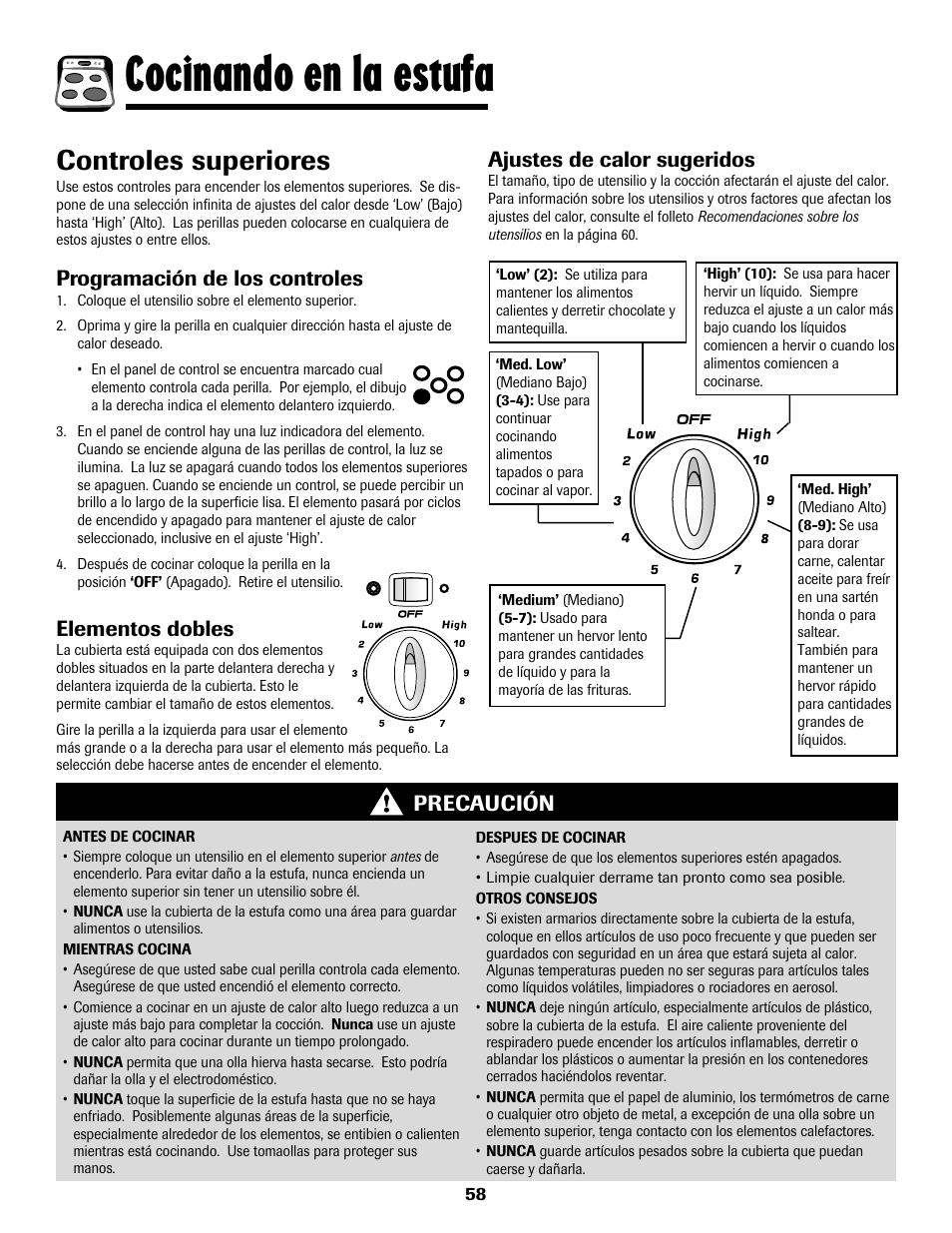 Cocinando en la estufa, Controles superiores, Programación de los controles | Elementos dobles, Ajustes de calor sugeridos, Precaución | Amana AER5722CAS User Manual | Page 59 / 72