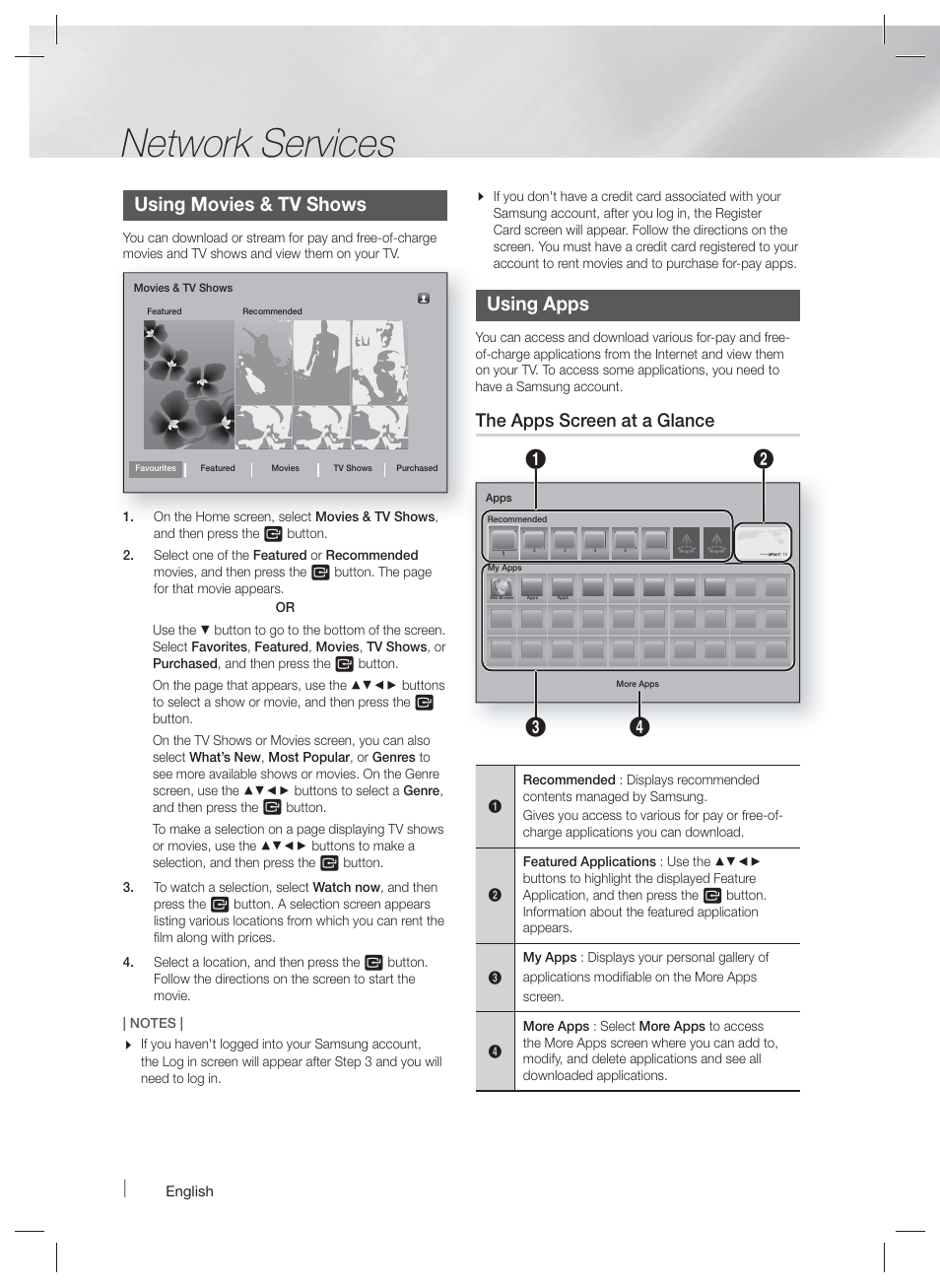 Network services, Using movies & tv shows, Using apps | The apps screen at a glance | Samsung HT-F9730W-ZA User Manual | Page 44 / 61