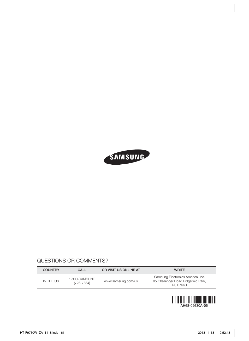 Questions or comments | Samsung HT-F9730W-ZA User Manual | Page 61 / 61