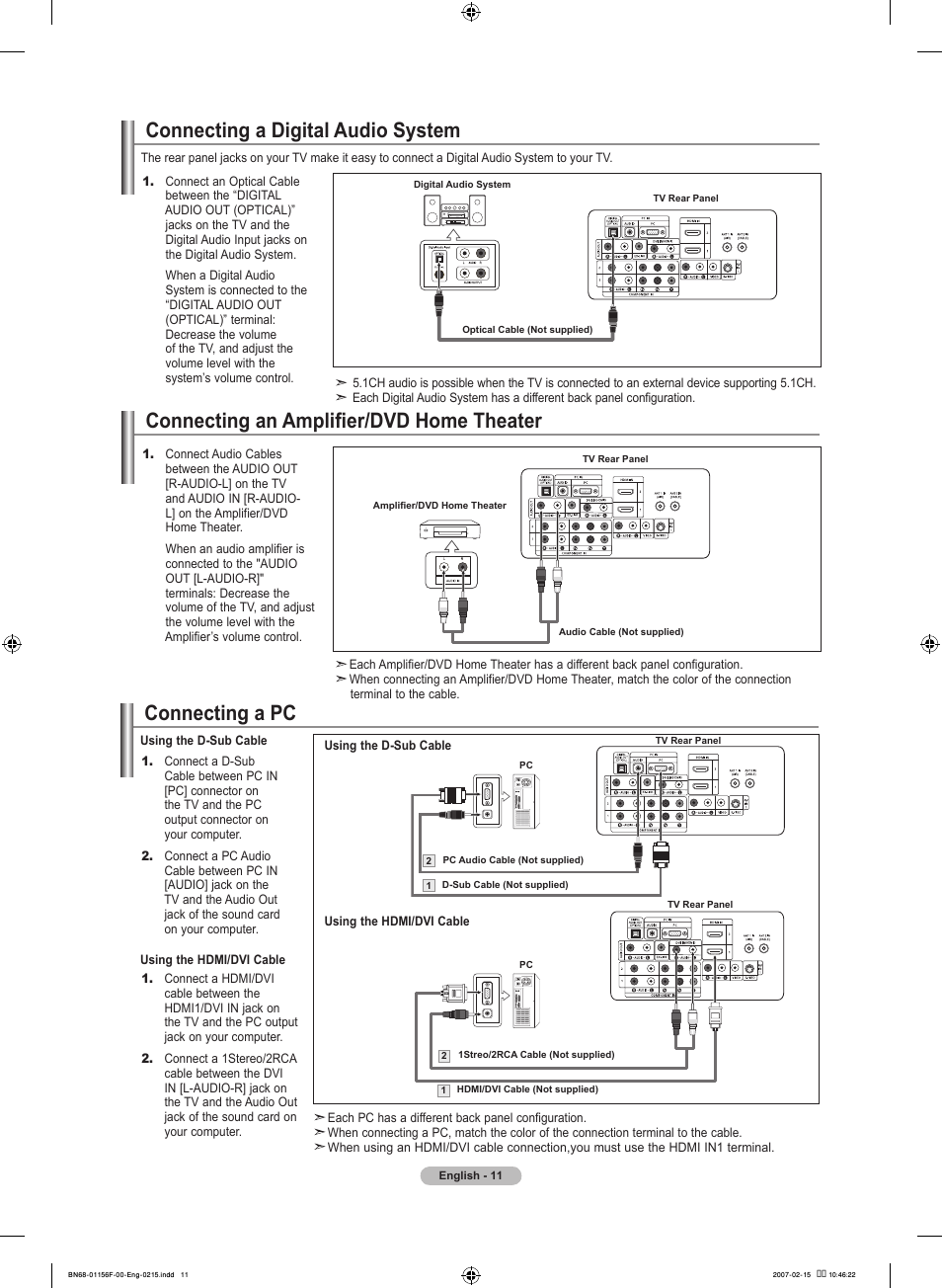 Connecting a digital audio system, Connecting an amplifier/dvd home theater, Connecting a pc | Samsung LNT4066FX-XAA User Manual | Page 13 / 178