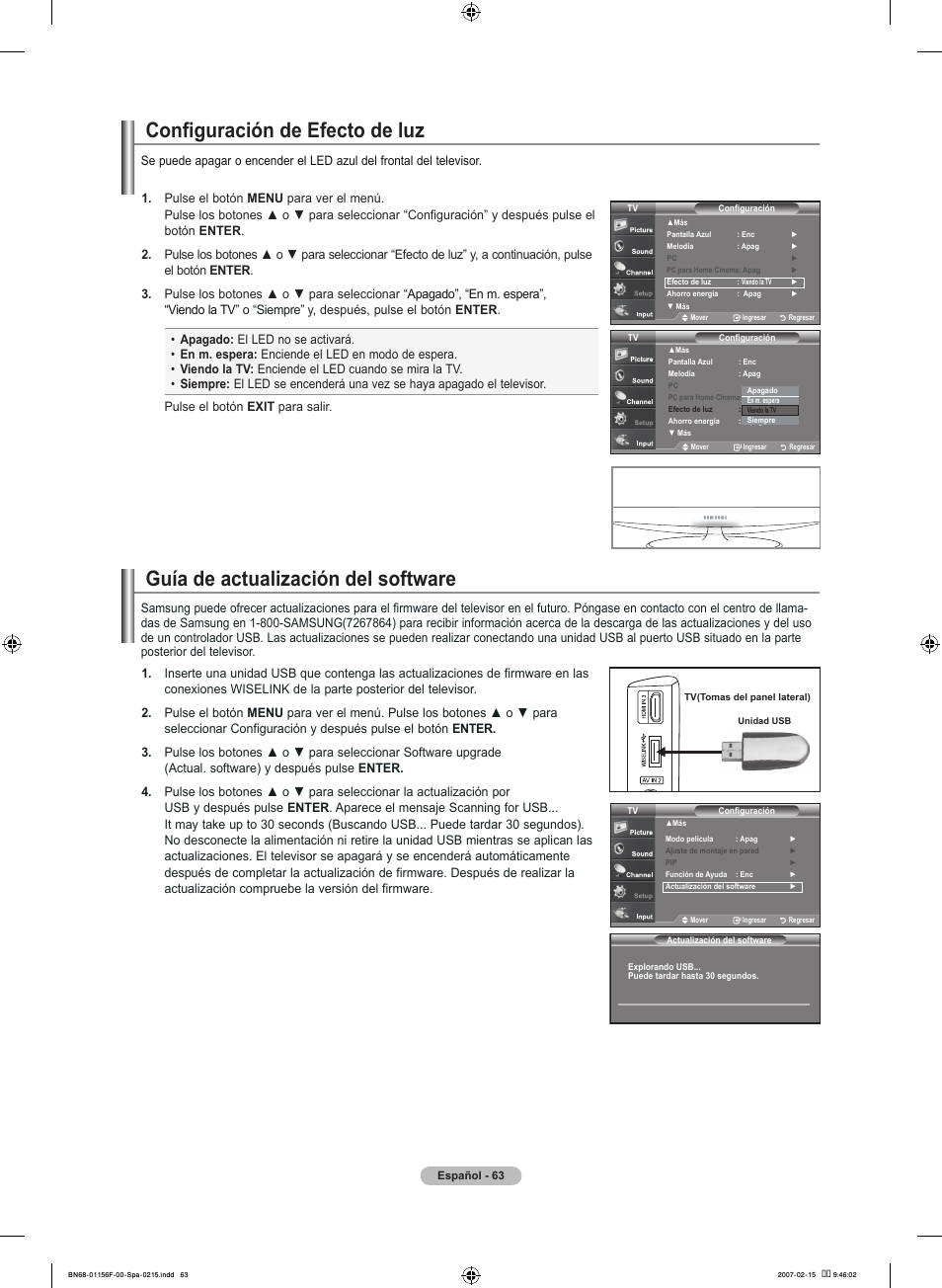 Guía de actualización del software, Configuración de efecto de luz | Samsung LNT4066FX-XAA User Manual | Page 153 / 178