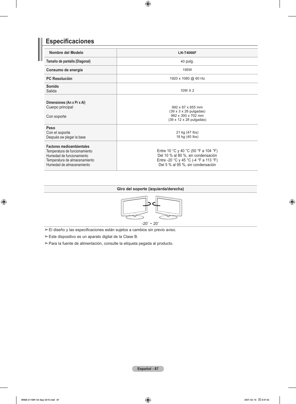 Especificaciones | Samsung LNT4066FX-XAA User Manual | Page 177 / 178