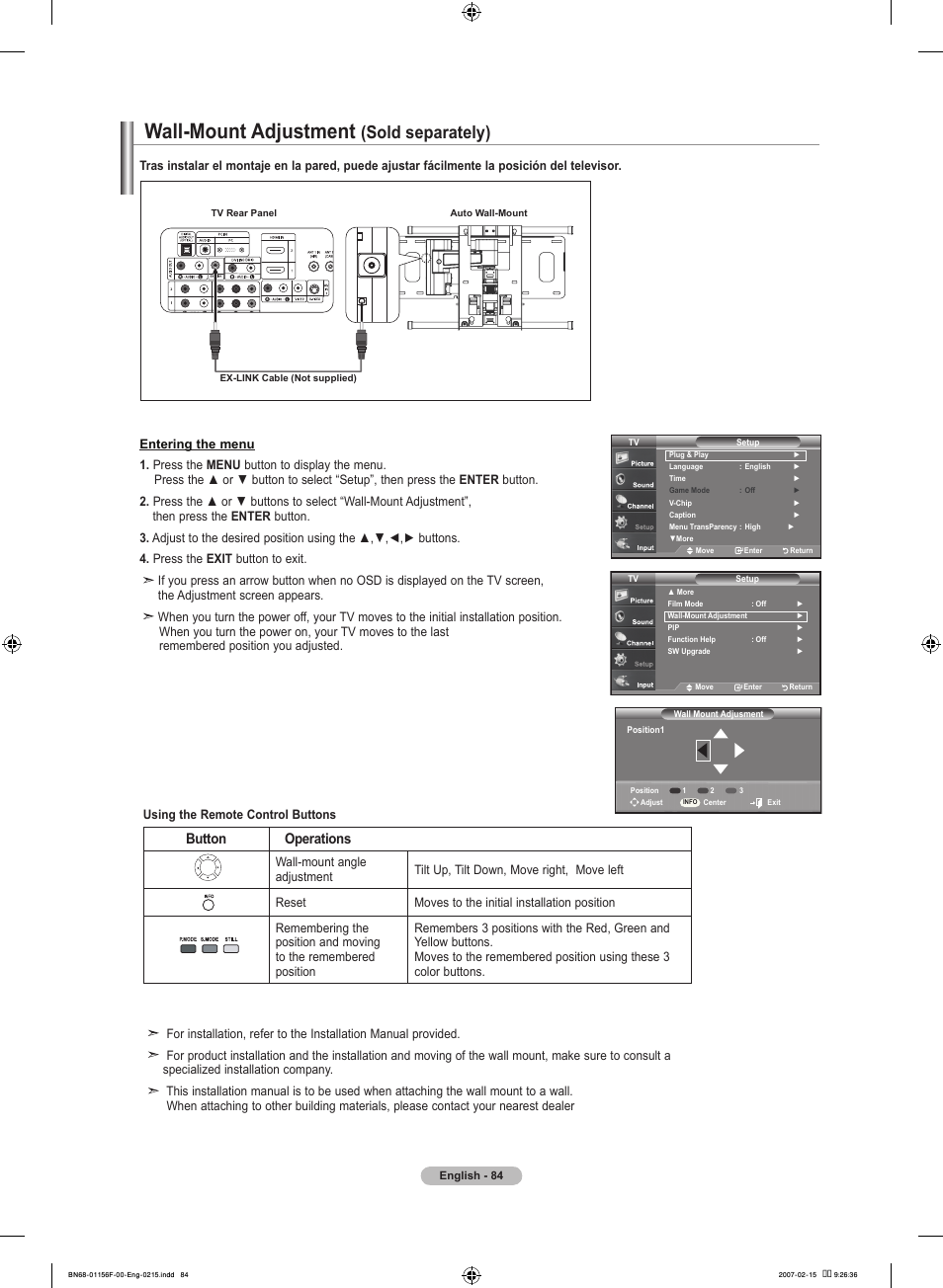 Wall-mount adjustment (sold separately), Wall-mount adjustment, Sold separately) | Button operations | Samsung LNT4066FX-XAA User Manual | Page 86 / 178