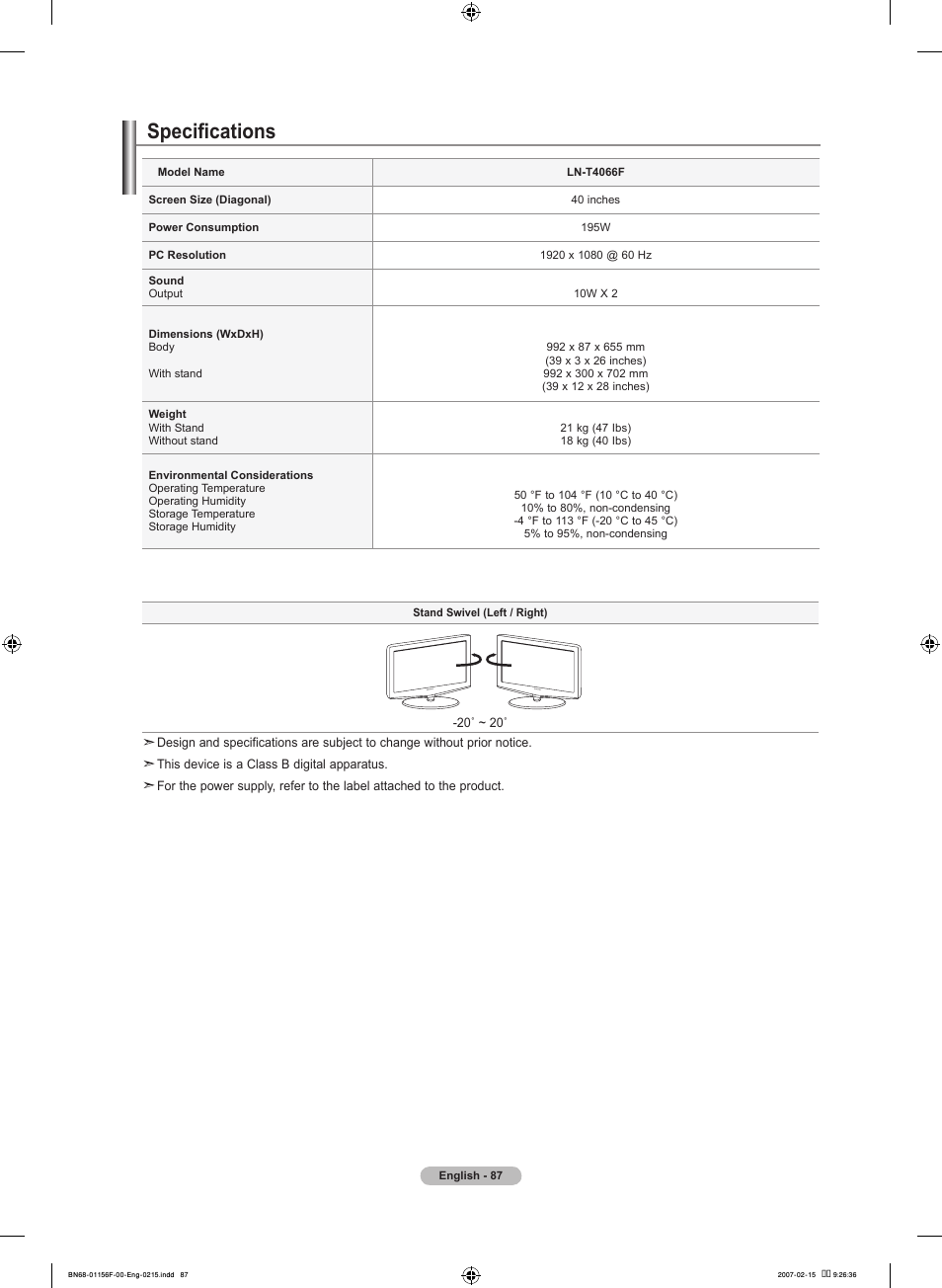 Specifications | Samsung LNT4066FX-XAA User Manual | Page 89 / 178
