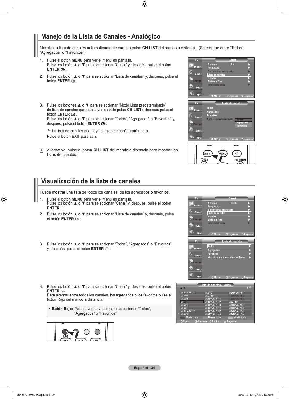 Manejo de la lista de canales - analógico, Visualización de la lista de canales | Samsung LN32A540P2DXZA User Manual | Page 102 / 133