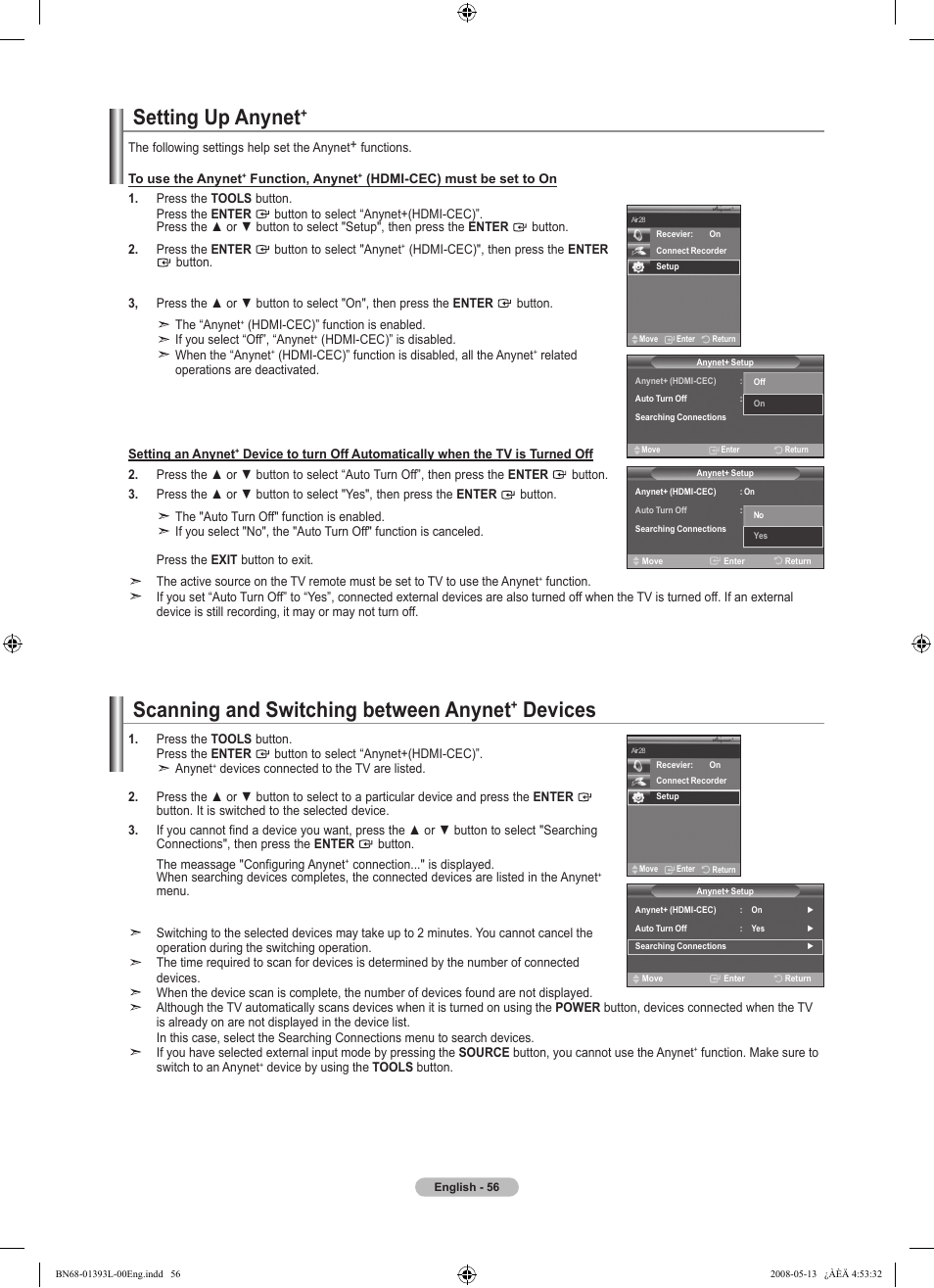 Setting up anynet, Scanning and switching between anynet+ devices, Scanning and switching between anynet | Devices | Samsung LN32A540P2DXZA User Manual | Page 58 / 133