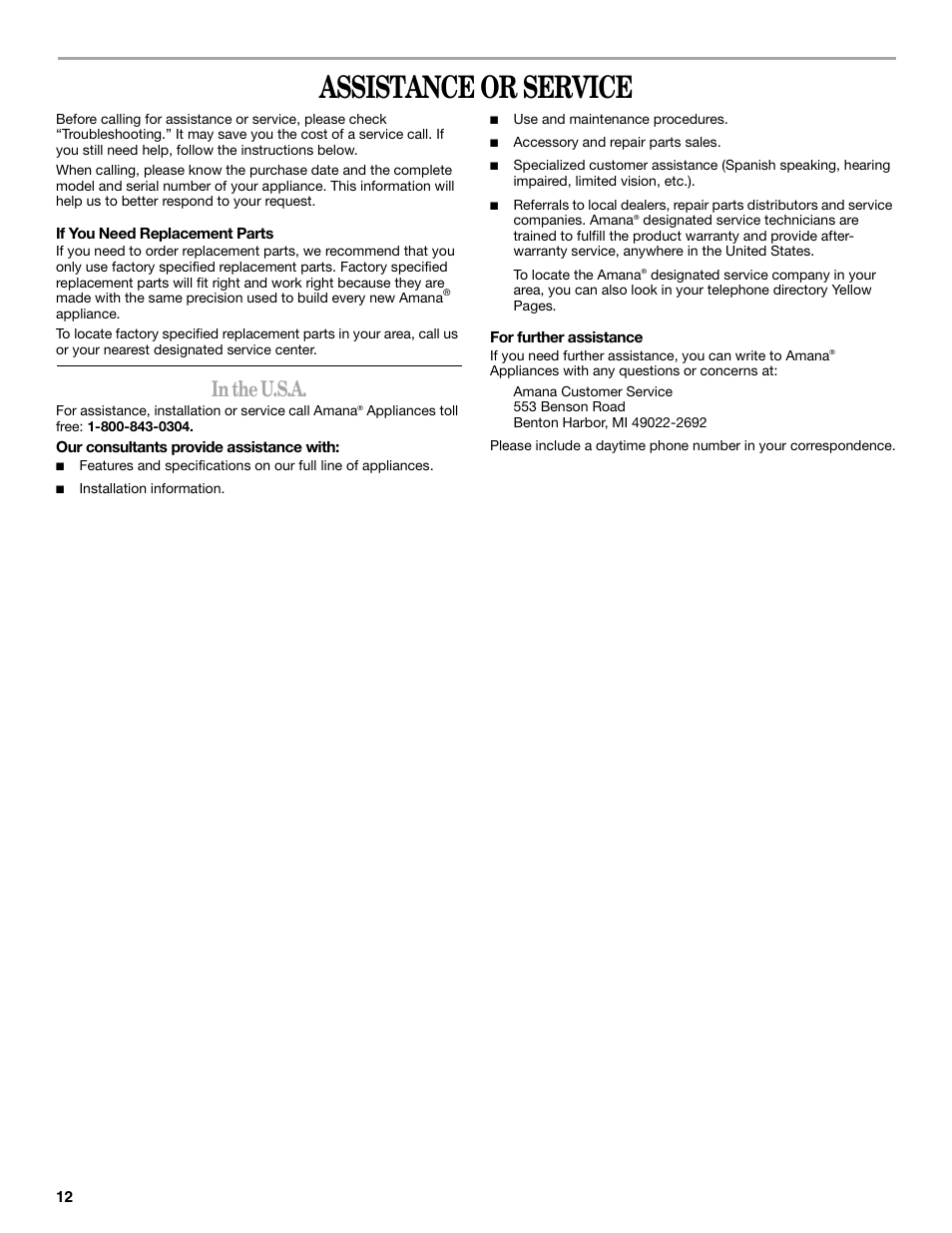 Assistance or service | Amana W10181328A User Manual | Page 12 / 24