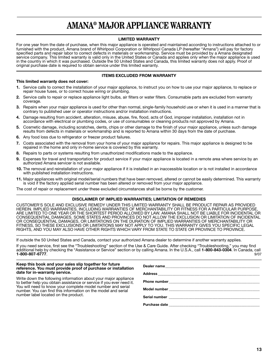 Amana, Major appliance warranty | Amana W10181328A User Manual | Page 13 / 24