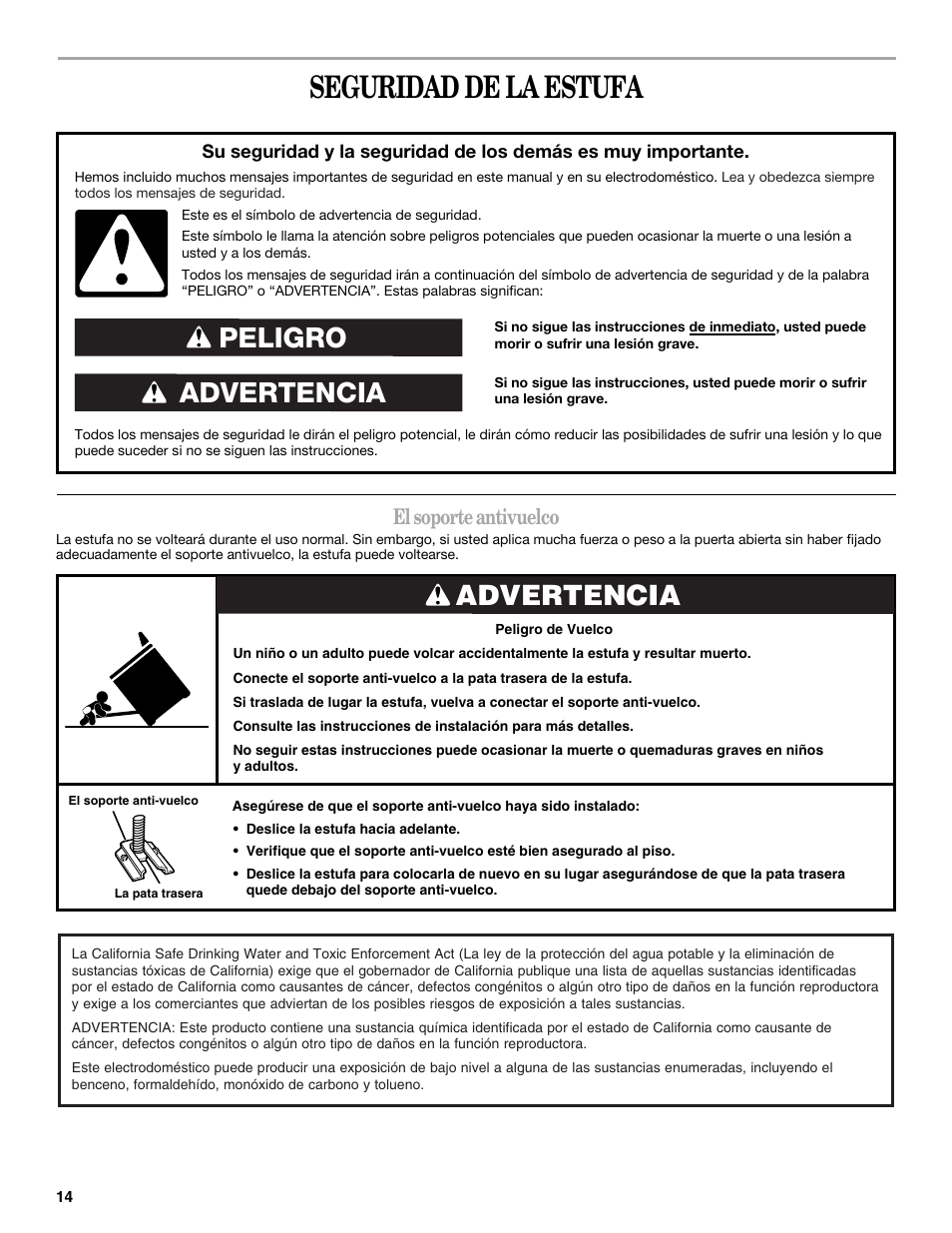 Seguridad de la estufa, Advertencia peligro, Advertencia | El soporte antivuelco | Amana W10181328A User Manual | Page 14 / 24