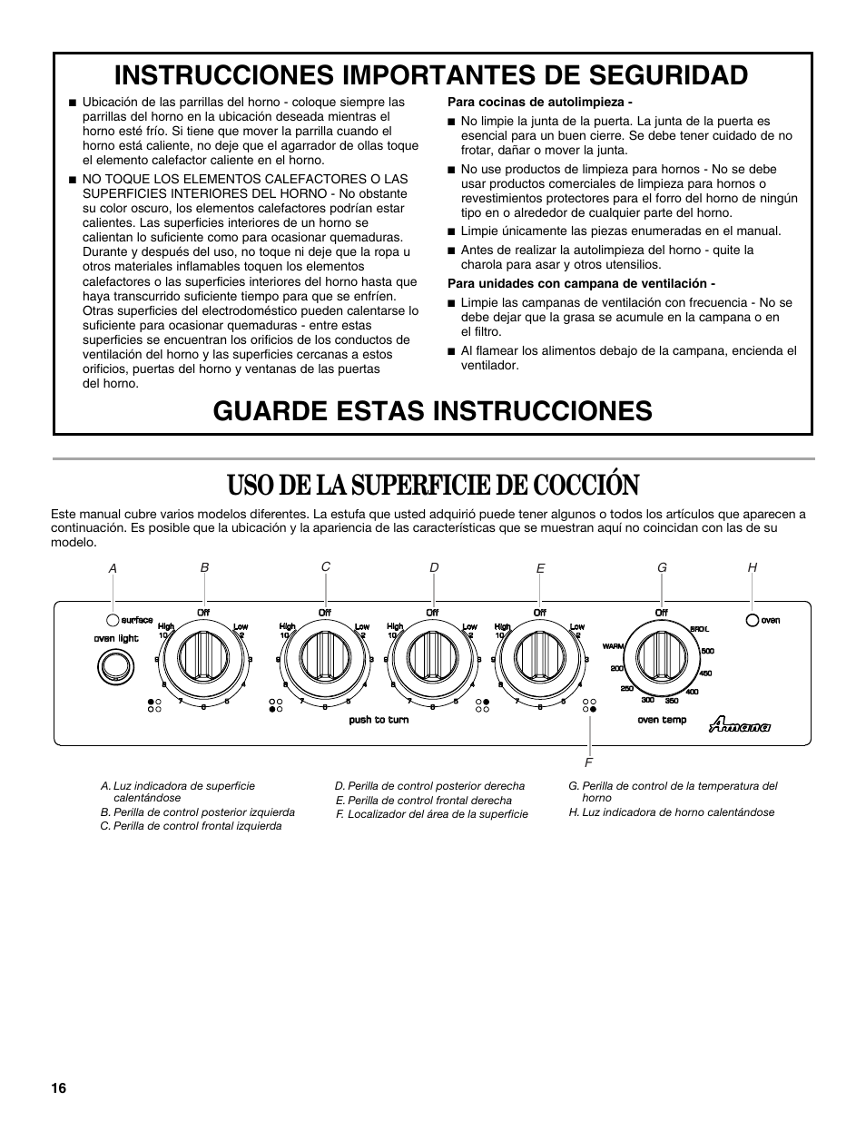 Uso de la superficie de cocción | Amana W10181328A User Manual | Page 16 / 24