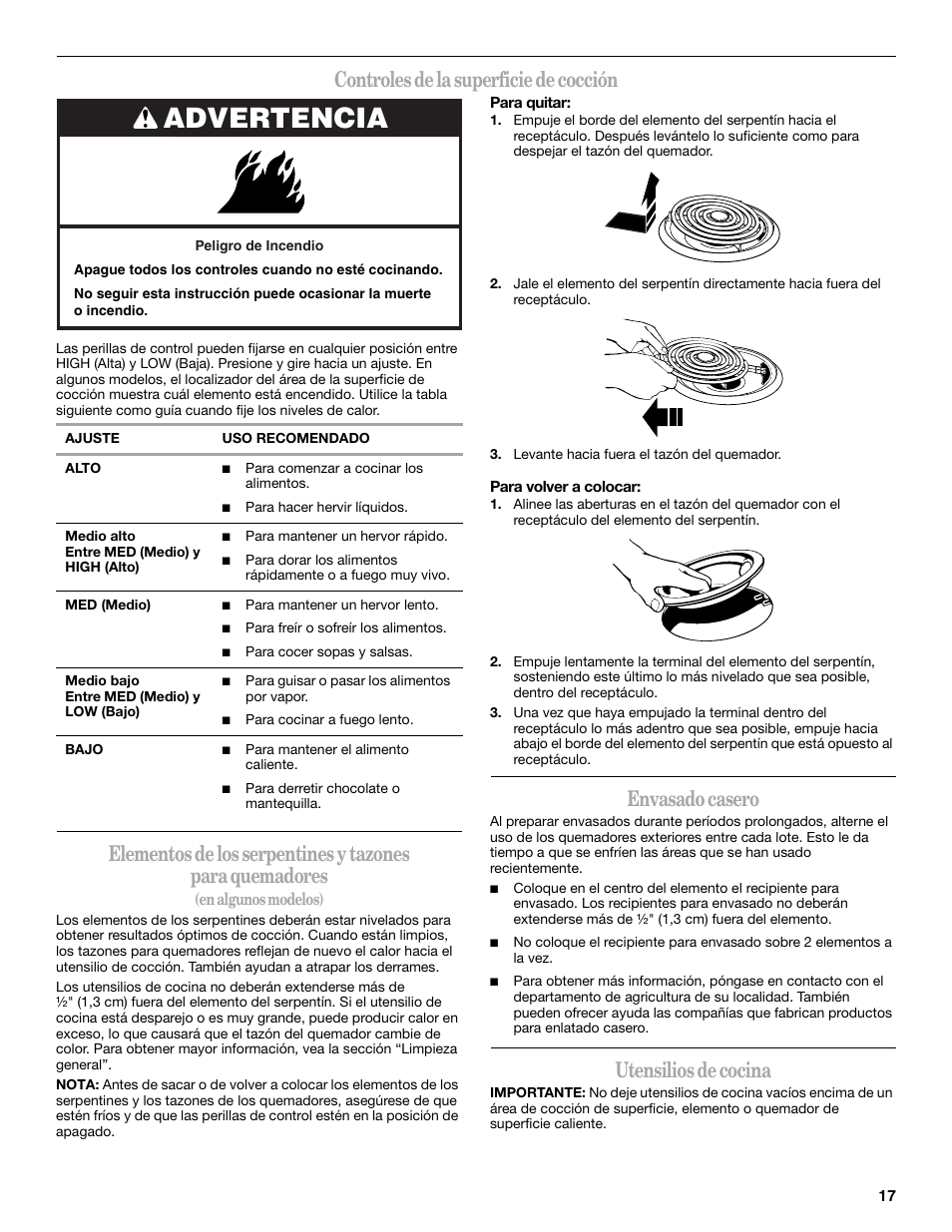 Advertencia, Controles de la superficie de cocción, Envasado casero | Utensilios de cocina | Amana W10181328A User Manual | Page 17 / 24