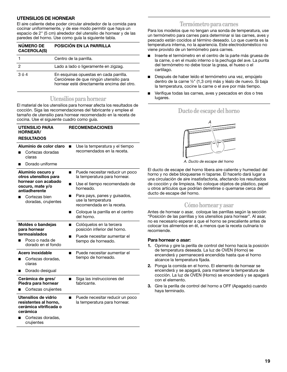 Utensilios para hornear, Termómetro para carnes, Ducto de escape del horno | Cómo hornear y asar | Amana W10181328A User Manual | Page 19 / 24