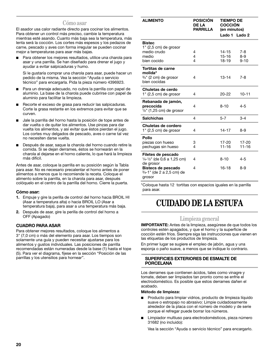 Cuidado de la estufa, Cómo asar, Limpieza general | Amana W10181328A User Manual | Page 20 / 24