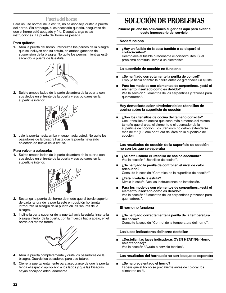 Solución de problemas, Puerta del horno | Amana W10181328A User Manual | Page 22 / 24