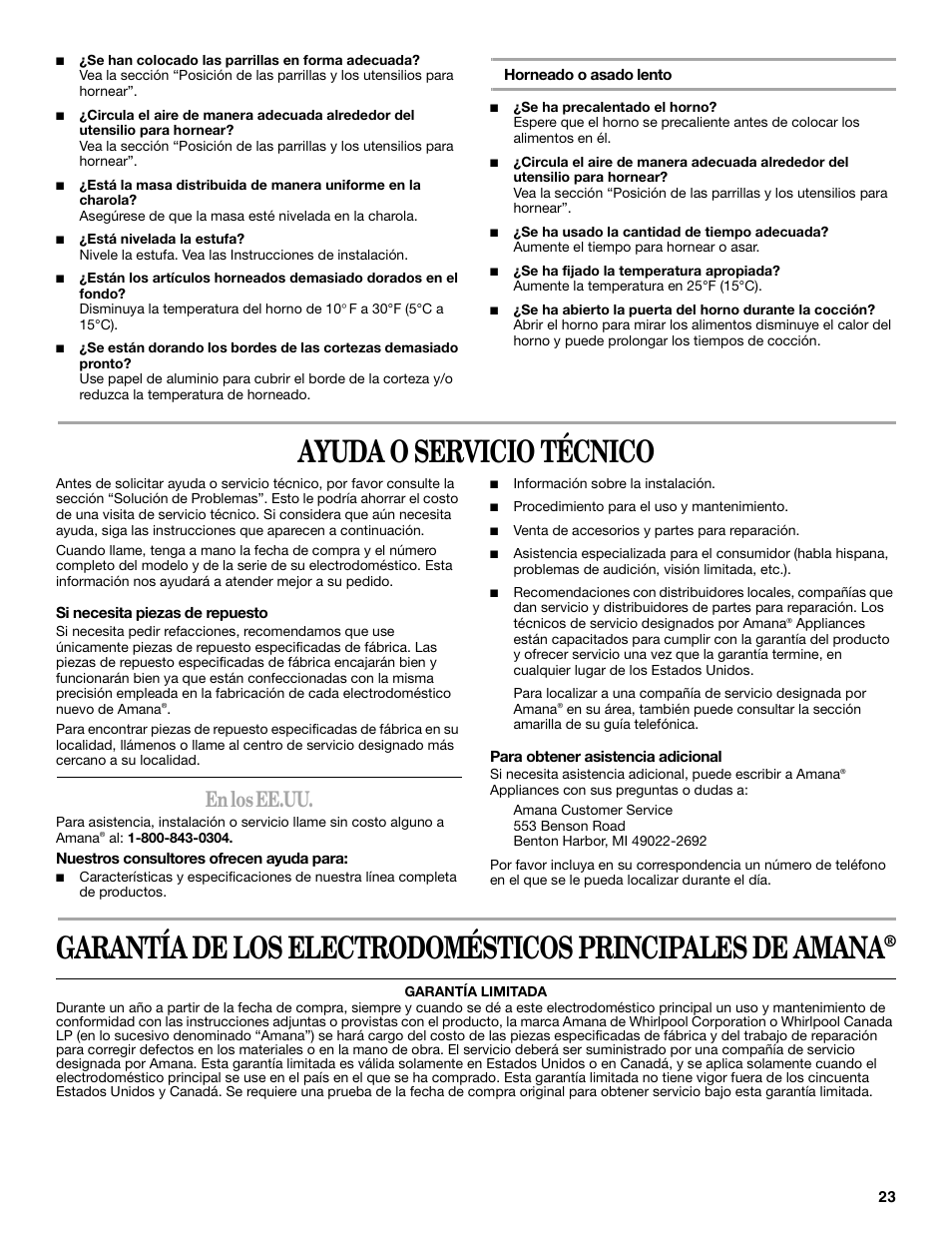 Ayuda o servicio técnico, En los ee.uu | Amana W10181328A User Manual | Page 23 / 24