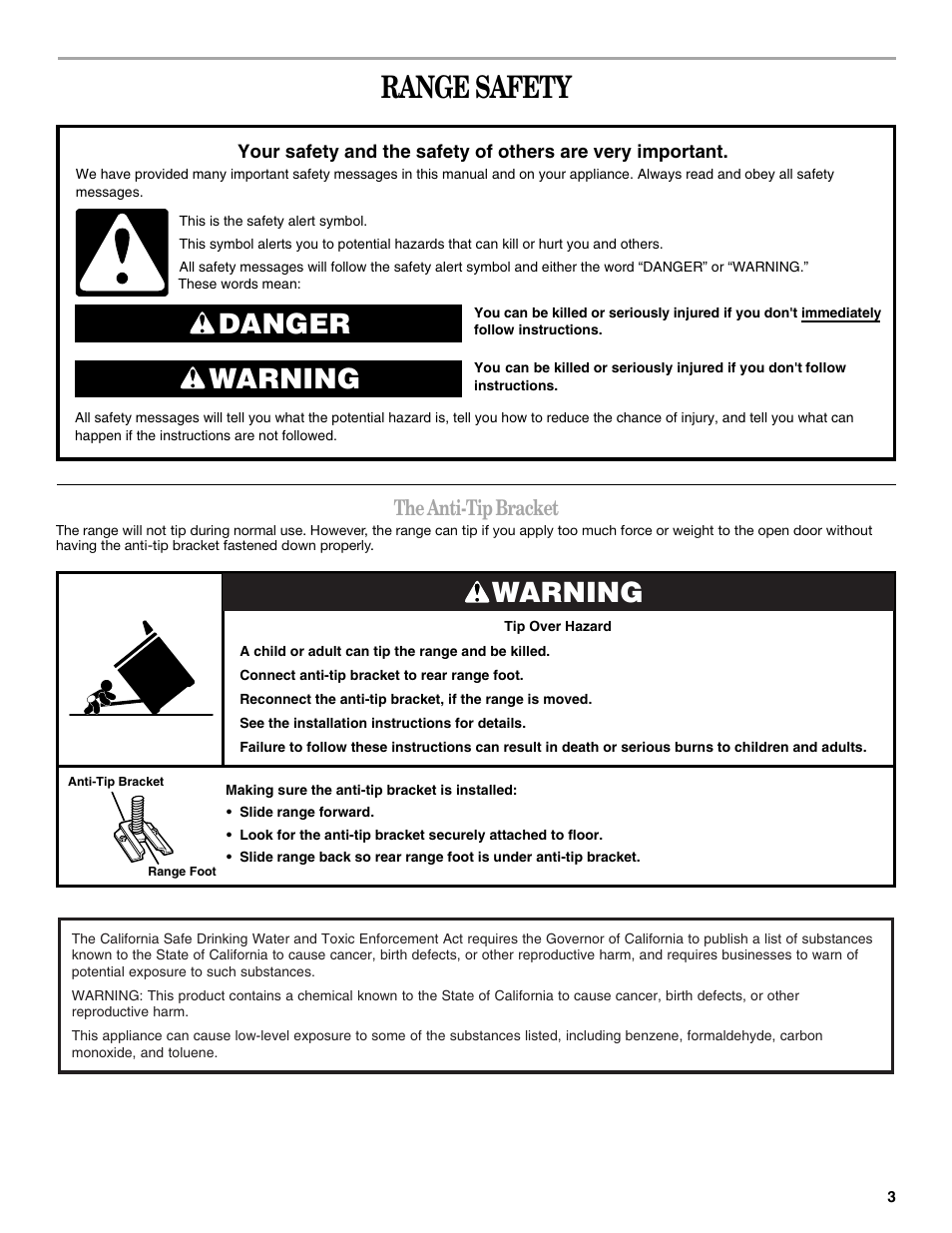 Range safety, Danger warning, Warning | The anti-tip bracket | Amana W10181328A User Manual | Page 3 / 24