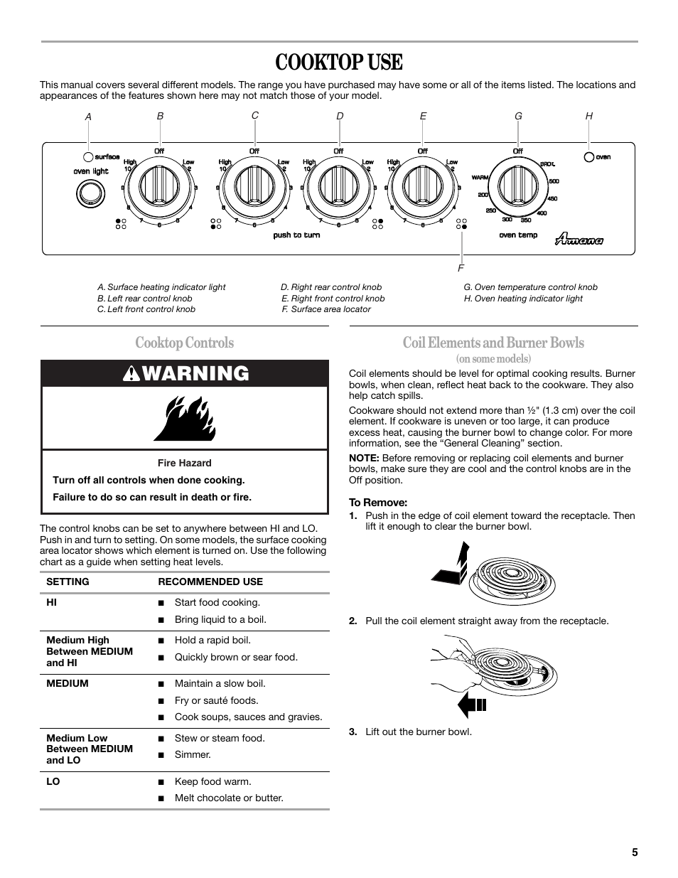 Cooktop use, Warning, Cooktop controls | Coil elements and burner bowls | Amana W10181328A User Manual | Page 5 / 24