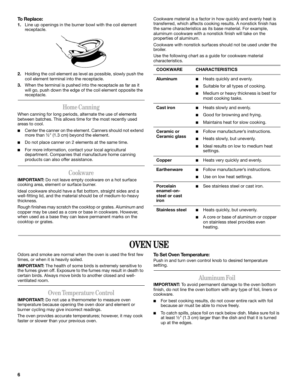 Oven use, Home canning, Cookware | Oven temperature control, Aluminum foil | Amana W10181328A User Manual | Page 6 / 24