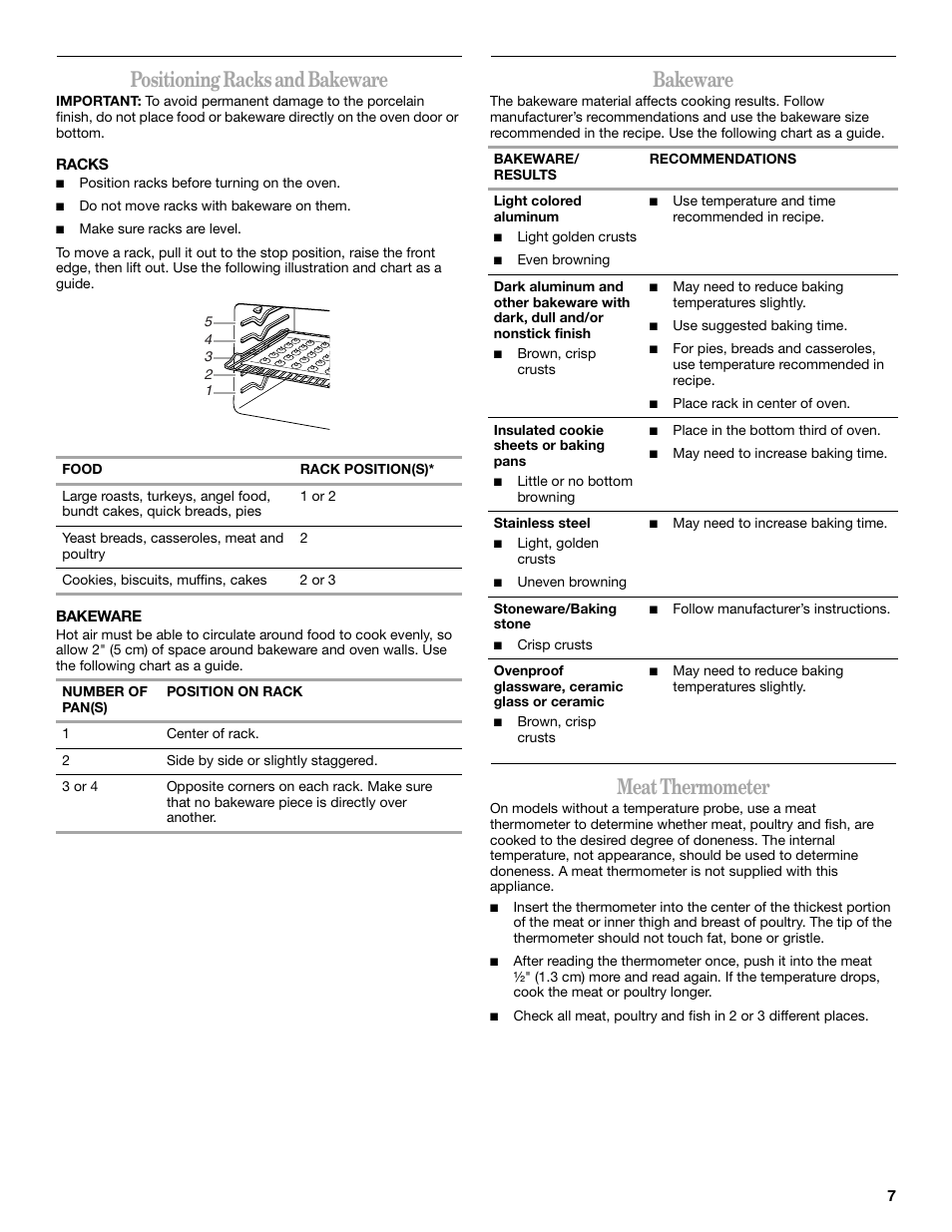 Positioning racks and bakeware, Bakeware, Meat thermometer | Amana W10181328A User Manual | Page 7 / 24