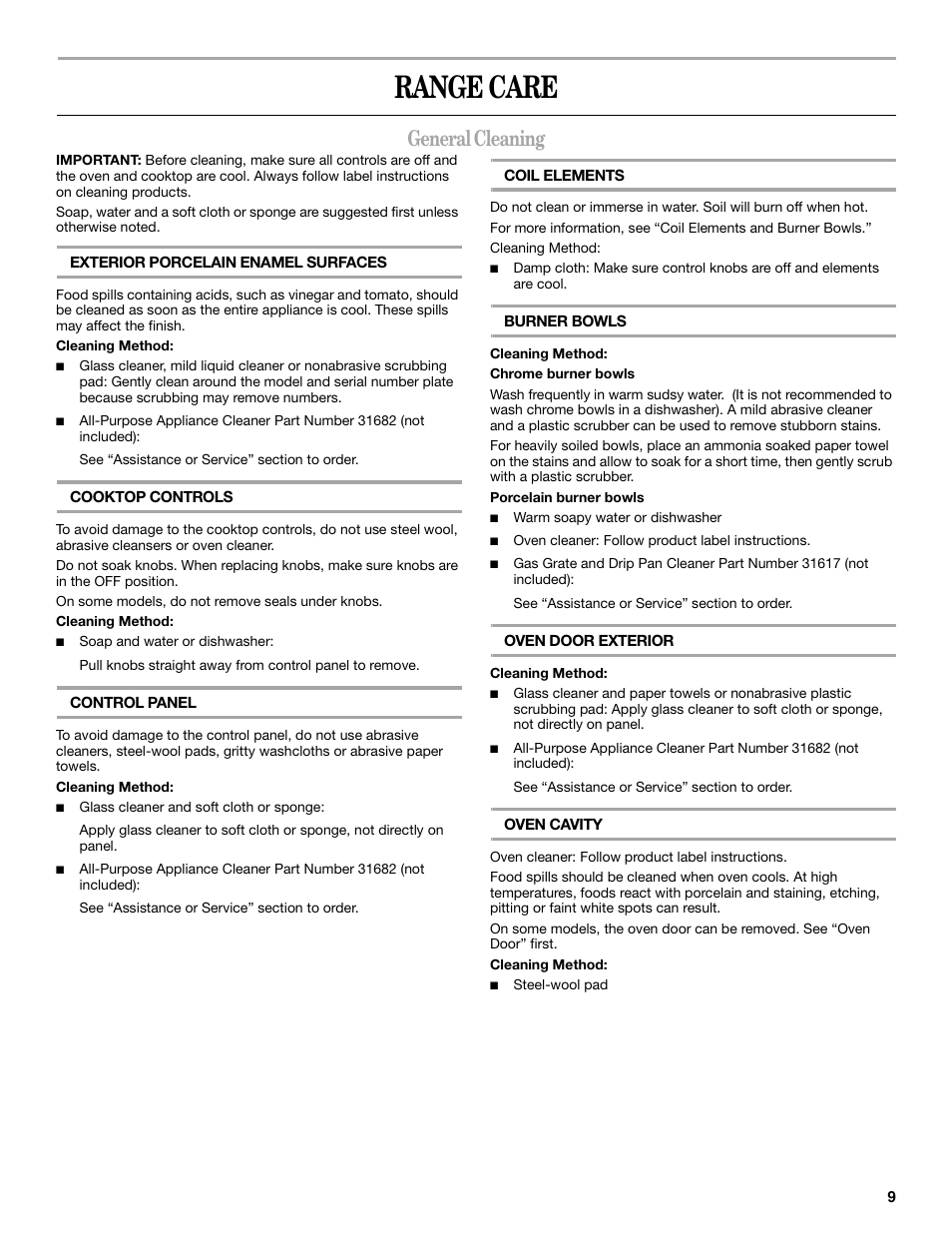 Range care, General cleaning | Amana W10181328A User Manual | Page 9 / 24