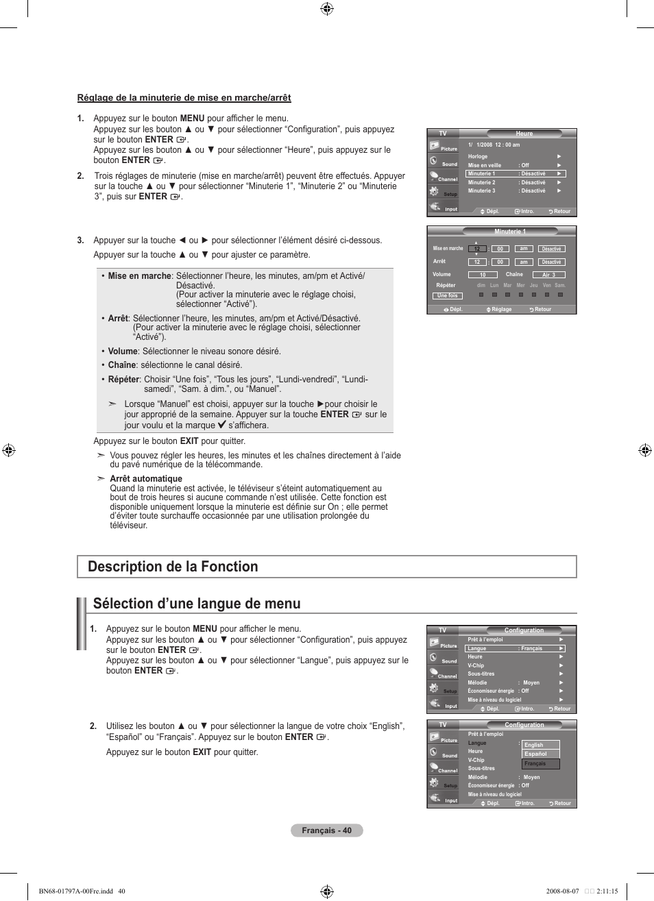 Sélection d’une langue de menu, Description de la fonction | Samsung LN32A300J1DXZA User Manual | Page 104 / 187