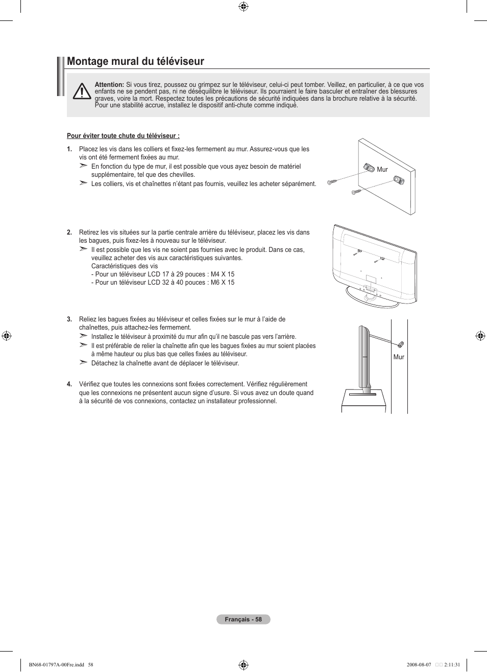 경고 주의 경고 주의, Montage mural du téléviseur | Samsung LN32A300J1DXZA User Manual | Page 122 / 187