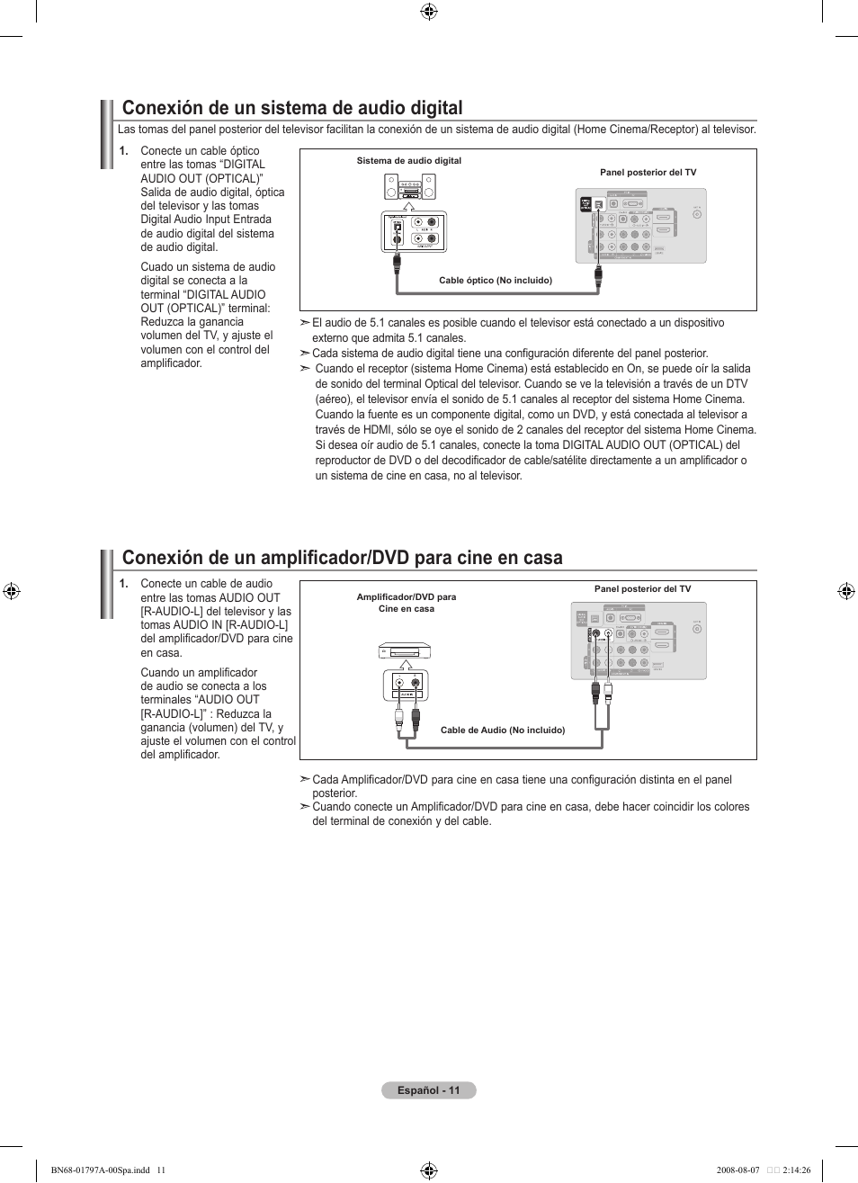 Conexión de un amplificador/dvd para cine en casa, Conexión de un sistema de audio digital | Samsung LN32A300J1DXZA User Manual | Page 137 / 187