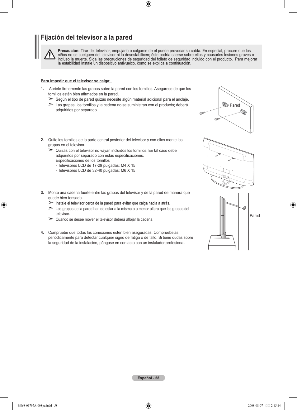 경고 주의 경고 주의, Fijación del televisor a la pared | Samsung LN32A300J1DXZA User Manual | Page 184 / 187